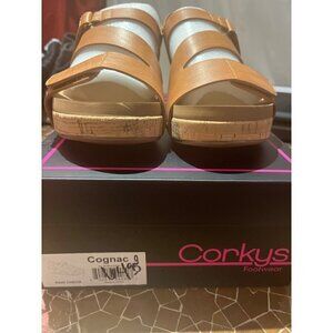 nwt in box corkys brown leather wedge heel sandals